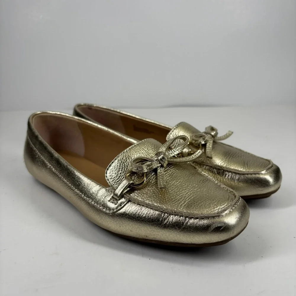 Talbots Women's US 7M Metallic Gold Leather Bow Tie Slip-On Loafers‎ Flats Shoes
